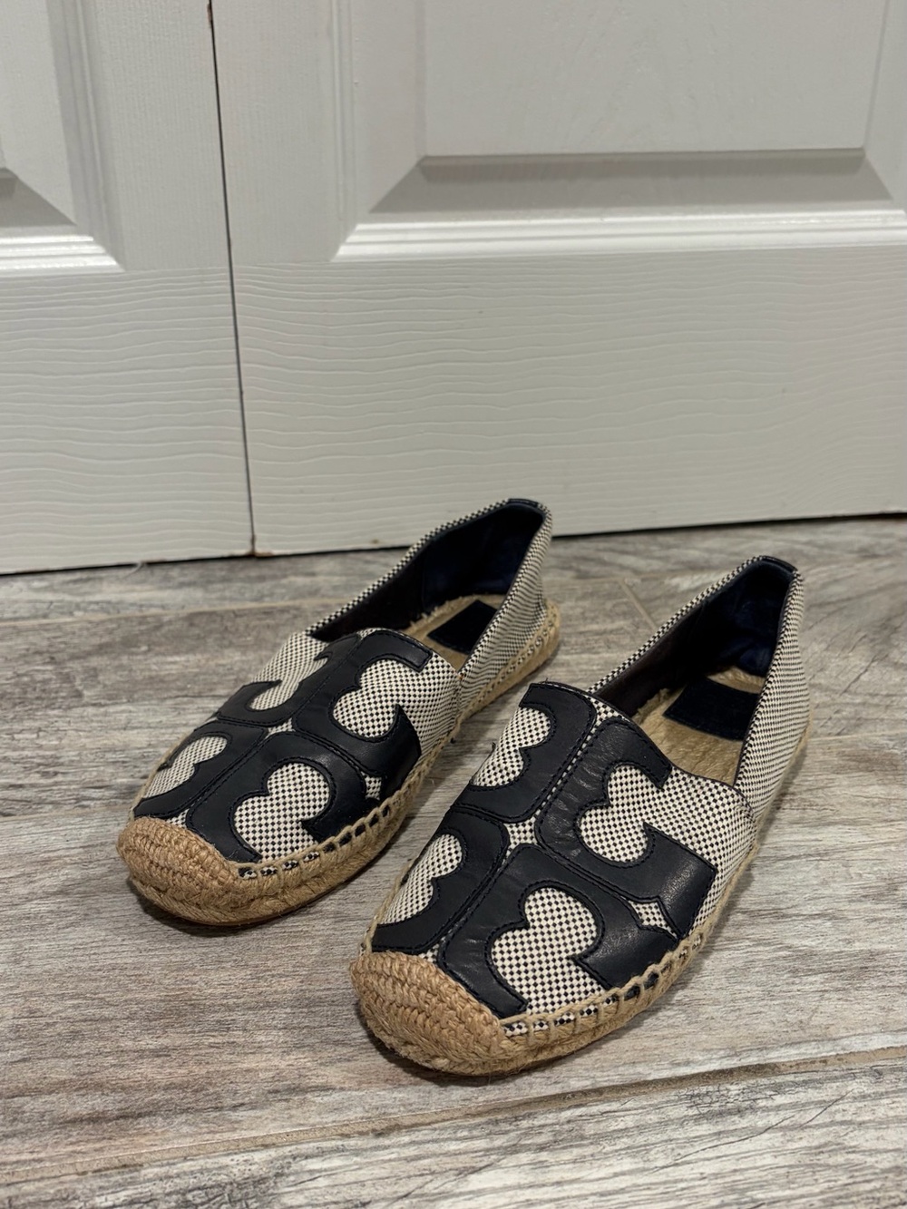 Tory Burch Woven Espadrille Flats with Navy Overlay
